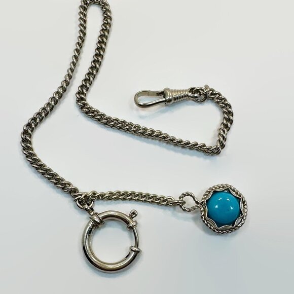 Watch Chain, Watch Fob, Turquoise Blue Glass, Dog Clip, Spring Clip, Silver Tone
